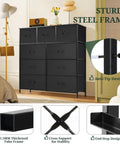 Roomy 9 Drawer Dresser With Wooden Top And Metal Frame Dope Anti Tip Tall Storage Chest For Bedroom Closet Living Room Hallway And Entryway Black Fabric Bin Organizer Sturdy Space Saving Design With Anti Tip Safety For Peace Of Mind, shown with anti-tip feature and steel frame details