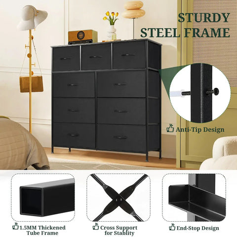 Roomy 9 Drawer Dresser With Wooden Top And Metal Frame Dope Anti Tip Tall Storage Chest For Bedroom Closet Living Room Hallway And Entryway Black Fabric Bin Organizer Sturdy Space Saving Design With Anti Tip Safety For Peace Of Mind, shown with anti-tip feature and steel frame details