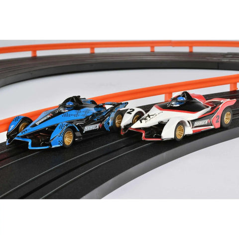 Two cars on a track from the Infinity HO Slot Racing Set With Upgraded Controllers, Realistic Handling And Tune Up Kit.
