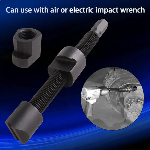 Heavy Duty Dual Wheel Separator Kit For Trucks And Trailers, 4 Piece Wheel Hub Removal Tool showing pusher and impact wrench use