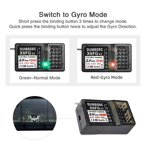 X6FG Built-In Gyro 6-Channel 2.4GHz RC Receiver For Dumborc X6 X4 X6PM-350 Transmitter in red gyro mode and green normal mode