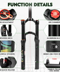 24 Inch Mountain Bike Front Fork With Air Suspension, 120mm Travel, showing function details including ABS adjustment and air chamber