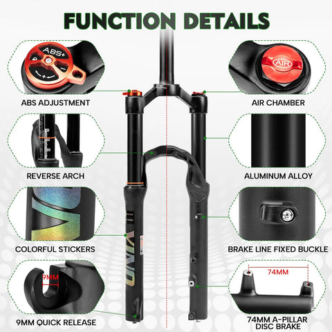 24 Inch Mountain Bike Front Fork With Air Suspension, 120mm Travel, showing function details including ABS adjustment and air chamber