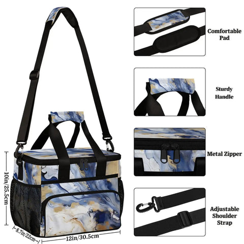 Insulated Picnic Backpack With Large Capacity Lunch Bag, 12x8.7x10in, marble pattern, adjustable strap, comfort features detail.