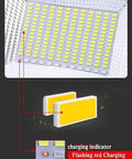 Close-up of JUDYSSY Led Floodlight 50W Rechargeable Solar Work Light's LED panel and charging indicator details.