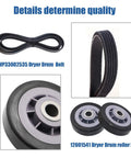 Complete Dryer Drum Roller Kit With Idler Pulley And Belt Replacement Set For Maytag Kenmore Crosley Amana Jenn Air Clothes Dryers Squeak Free Smooth Performance Easy DIY Fix showing belt and roller components.