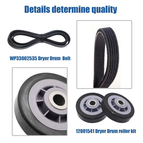 Complete Dryer Drum Roller Kit With Idler Pulley And Belt Replacement Set For Maytag Kenmore Crosley Amana Jenn Air Clothes Dryers Squeak Free Smooth Performance Easy DIY Fix showing belt and roller components.