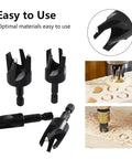 Heavy Duty Carbon Steel Wood Plug Cutter Drill Bit Set 8 Pack Hex Shank with tapered and straight bits for precise wood cutting.