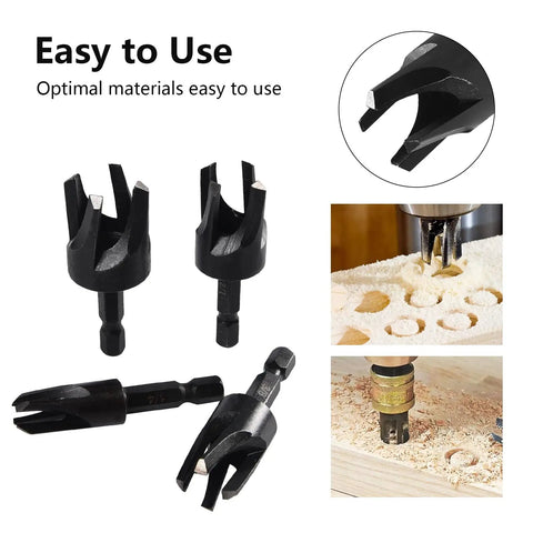 Heavy Duty Carbon Steel Wood Plug Cutter Drill Bit Set 8 Pack Hex Shank with tapered and straight bits for precise wood cutting.