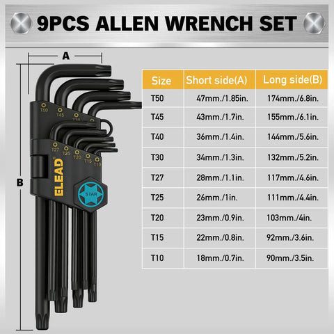 Torx Star Allen Wrench Set 11 Piece With Long Arm Wrenches And Extension Bar T10 Through T50 Heat Treated S2 Steel With Black Oxide Finish For Auto Motorcycle Home DIY Projects Pro Grade Heavy Duty Maintenance, T10-T50 sizes