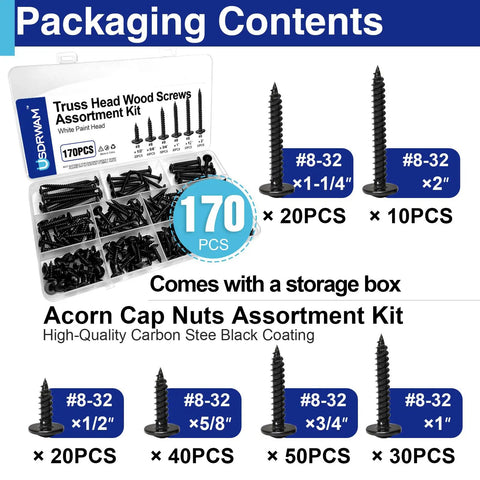 Top Notch Black Truss Head Wood Screws Assortment, 170 Piece Self Tapping Carbon Steel Kit in storage box with various screw sizes.