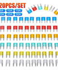 120 piece set of car and truck blade fuses in red, yellow, blue, and white for 5A to 30A, fast blow assortment for auto electronics