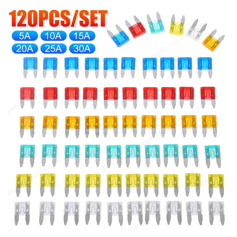 120 piece set of car and truck blade fuses in red, yellow, blue, and white for 5A to 30A, fast blow assortment for auto electronics