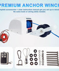 Heavy Duty 45 Lb Electric Anchor Winch With Wireless Remote And 100 Ft Rope For Easy Boat Stopping Power Up From Your 12V System Fast And Smooth, showing winch with blue rope and remote.