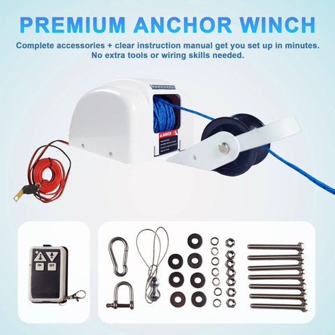 Heavy Duty 45 Lb Electric Anchor Winch With Wireless Remote And 100 Ft Rope For Easy Boat Stopping Power Up From Your 12V System Fast And Smooth, showing winch with blue rope and remote.