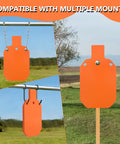 7 By 12 Inch AR500 Steel Targets displayed in different mount settings, three eighths inch thick, neon orange, range ready