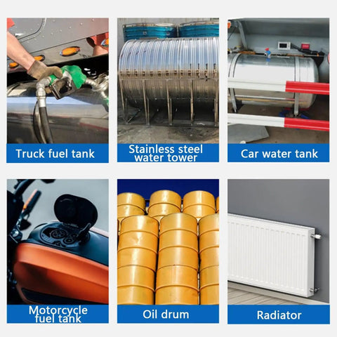 Truck, car, motorcycle tanks, oil drums, radiator shown for Go To Fix For Radiator Leaks Heavy Duty 50ml High Temp Adhesive And Instant Bond Sealant use.