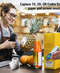 Cashier using Omnidirectional Barcode Scanner 360 Degree Hands Free USB Wired Reader for 1D 2D QR Codes at POS terminal