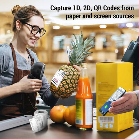 Cashier using Omnidirectional Barcode Scanner 360 Degree Hands Free USB Wired Reader for 1D 2D QR Codes at POS terminal