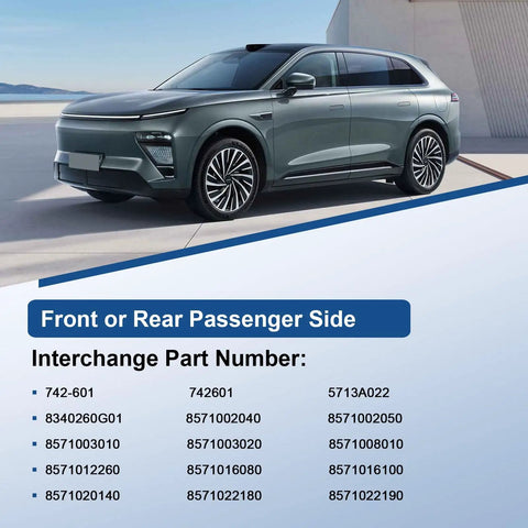 Modern SUV on driveway with text for Toyota Passenger Right Side Power Window Lift Motor 742-601 Replacement details.