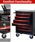 Heavy Duty Steel Tool Cabinet With Lock And Ball Bearing Drawers On Mobile Wheels For Garage Or Workshop, black and red.
