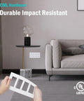 Hand holding Screwless 4 Gang Wall Plate White Decor Outlet Cover for Standard Size 4.68 by 8.34 Inches in living room