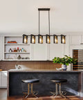 Six Light Modern Farmhouse Kitchen Island Pendant Light With Black Metal Frames And Wood Accents Big 50 Inch Chandelier