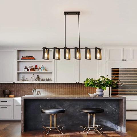 Six Light Modern Farmhouse Kitchen Island Pendant Light With Black Metal Frames And Wood Accents Big 50 Inch Chandelier