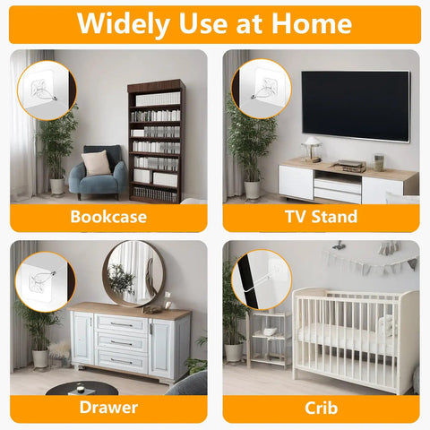 No Drill Metal Wall Anchors Bombproof Furniture Brackets For Baby Proofing And Locker Setup With Hella Strong Clear Tape Mount 10 Pack Secure Hardware Kit For Home Use in home settings including bookcase, TV stand, drawer, and crib.