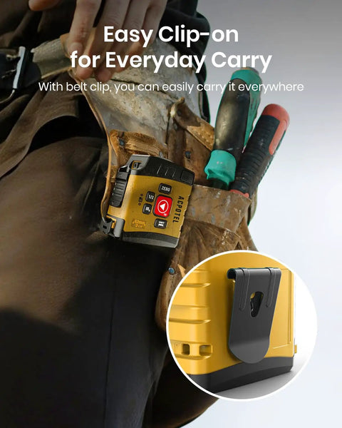 2-In-1 Digital LCD Tape Measure With 16-Foot Tape clipped onto tool belt, showing belt clip for easy carry