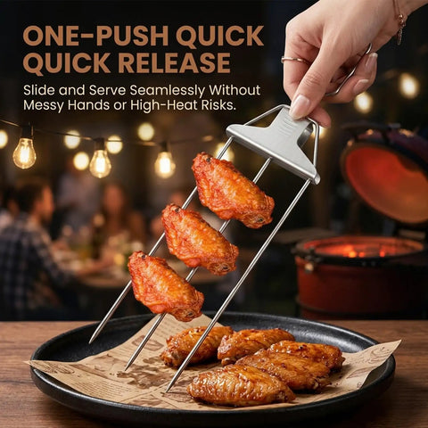 Three Prong Stainless Steel Grilling Skewers With Push Off Slider 14.7 Inch Reusable Metal Kabob Skewers with chicken wings