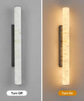 Natural Alabaster Wall Sconces Set Of Two Cylinder LED Wall Lights With Matte Black Metal Base, off and on lighting comparison.