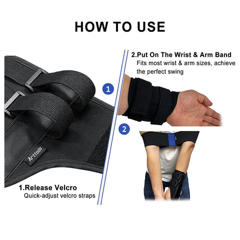 Golf Swing Training Kit with Wrist Stabilizer and Arm Band instructions showing how to release Velcro and wear arm support.