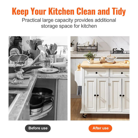 Comparison of a cluttered kitchen before using and organized kitchen with Solid Rubber Wood Top Kitchen Island Cart With Storage Cabinet And Drawer, 35.4 Inch Wide Rolling Kitchen Island On Wheels With Spice Rack And Towel Rack, White Finish, Durable MDF Frame after using.
