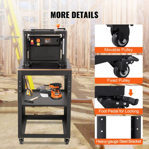 Dang Solid Thickness Planer Stand With Three Gear Height Adjustable Rolling Cart showing movable and fixed pulleys and foot pedal.