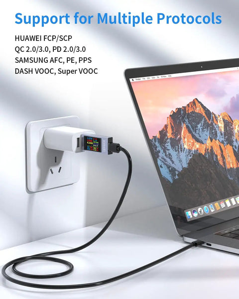 All In One USB C Power Meter Tester 4-30V 0-12A Digital Multimeter With PD Support connected to laptop and wall charger