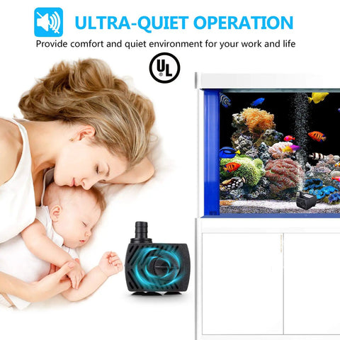 Ultra Quiet Submersible Fountain Pump 80 GPH for pond or aquarium, shown with sleeping person beside a fish tank