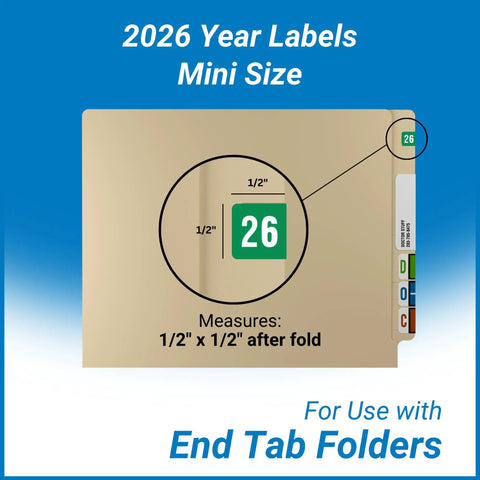 Mini 2026 Year Stickers Green Dope Durable End Tab File Labels For Smead ETS Series Compatible USA Made 250 Pack.