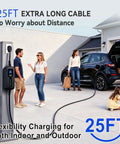 Portable Level 2 EV Charger With 30 Amp Power And 25 Foot Cord Quick Juice Up Your Ride Anywhere With This Sleek Portable EV Charging Station, being used outdoors with a 25ft cable.