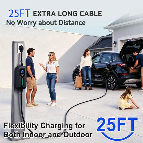 Portable Level 2 EV Charger With 30 Amp Power And 25 Foot Cord Quick Juice Up Your Ride Anywhere With This Sleek Portable EV Charging Station, being used outdoors with a 25ft cable.