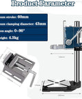 Heavy Duty Drill Press Stand For Hand Drill With Vise, showcasing dimensions and specifications, stable cast iron base.