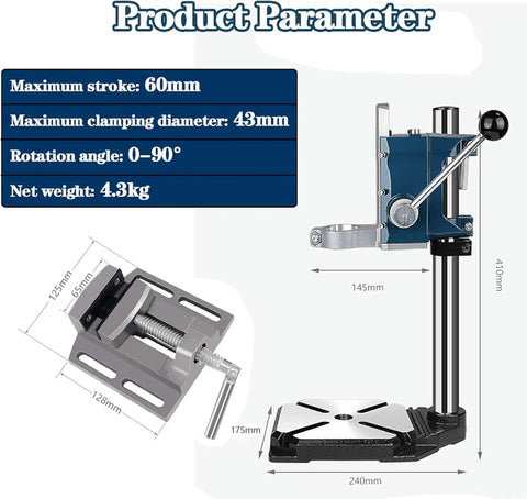 Heavy Duty Drill Press Stand For Hand Drill With Vise, showcasing dimensions and specifications, stable cast iron base.