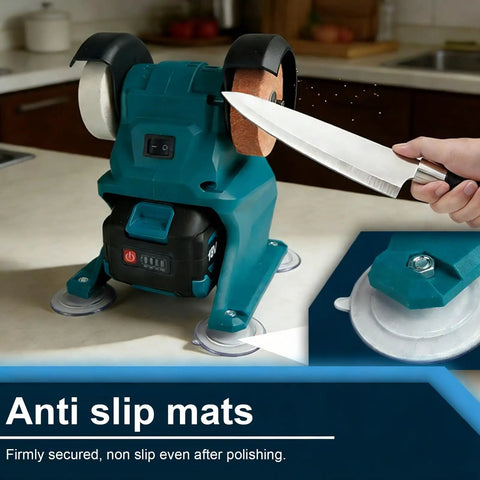 Heavy Duty 150W Bench Grinder With Lithium Battery And Full Copper Motor, showcasing anti-slip mats while sharpening a knife.