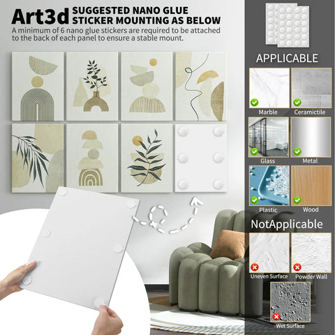 Soundproof 8-Pack 48x32 Acoustic Wall Art Panels For Living Room Bedroom Kitchen Or Studio, High Density Polyester UV Print, with nano glue stickers shown.