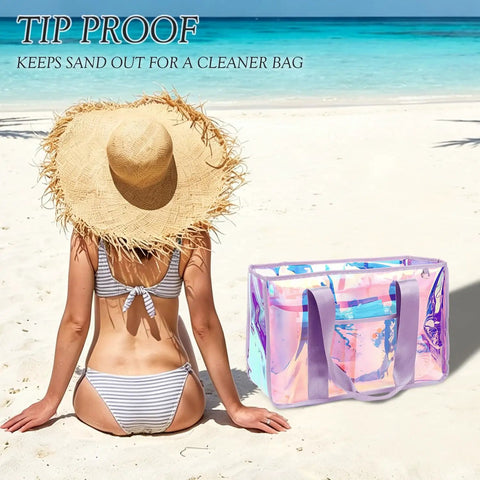 Iridescent Clear Jelly Tote Beach Bag For Women Waterproof And Sandproof See Through Pool Bag With Zipper on sandy beach
