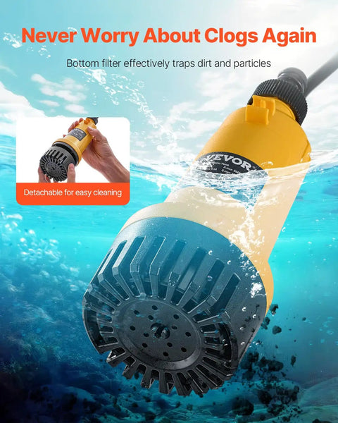 Cordless Submersible Water Transfer Pump With 528 GPH Flow Portable Sump Pump under water with detachable filter.