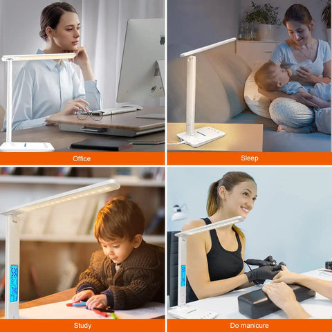 Desk Lamp With Wireless Charger And USB Port, Dimmable LED Table Light With Clock, Alarm, Date And Temperature in various settings