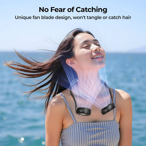 Woman enjoying breeze from Portable Neck Fan for Hands Free Cooling, Lightweight Wearable Personal Fan With 360 Degree Adjustability And Ultra Quiet, Strong Wind, Ideal for Travel, Cruise, Outdoors, Sports, Hot Flashes And Summer by the sea