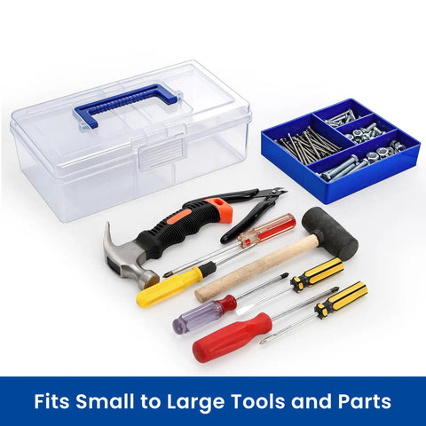 Two Pack Small Plastic Tool Box with Handle, 2 Layer Clear Organizer with tools and removable divider tray