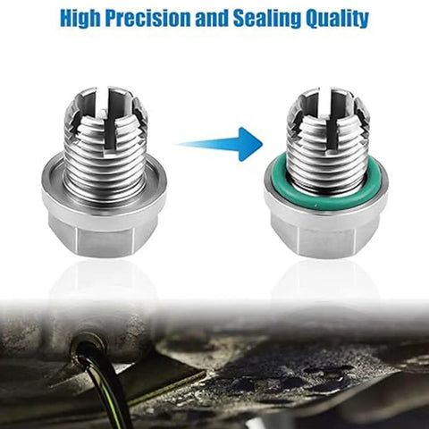 No Drill Oil Drain Plug Repair Kit M12x1.25 For Japanese Cars With Stainless Steel Bolt And Gasket Self Tapping Thread Fix For Stripped Holes, shown sealing repair